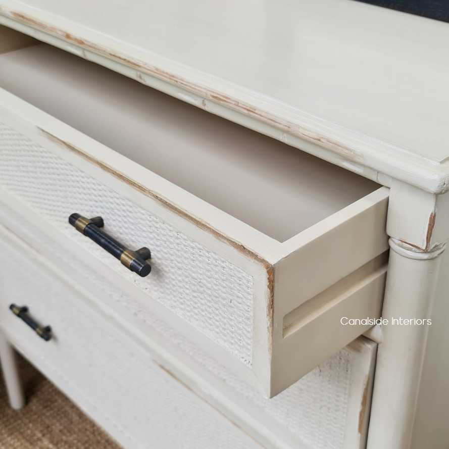 Side view of the stone-colored Brielle Rattan Chest, highlighting its ample storage space for a clutter-free home office - Canalside Interiors.