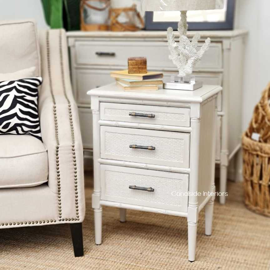 Angled perspective of the Brielle Bedside, emphasizing the perfect balance between British Colonial charm and Hamptons elegance.