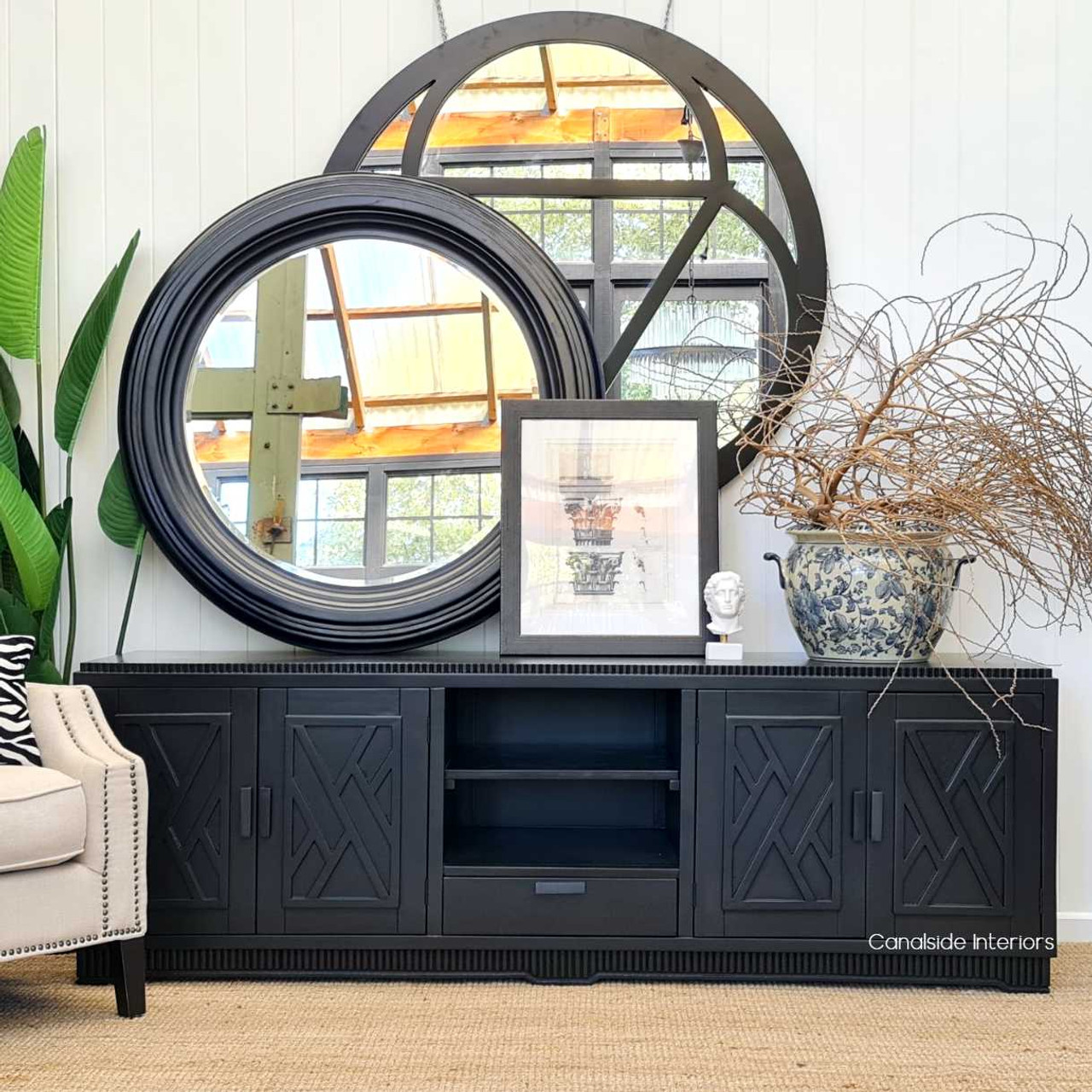 Elegant black Ellery 4 Door TV Unit with Hollywood glam influences, perfect for the coastal-themed dining room - Canalside Interiors