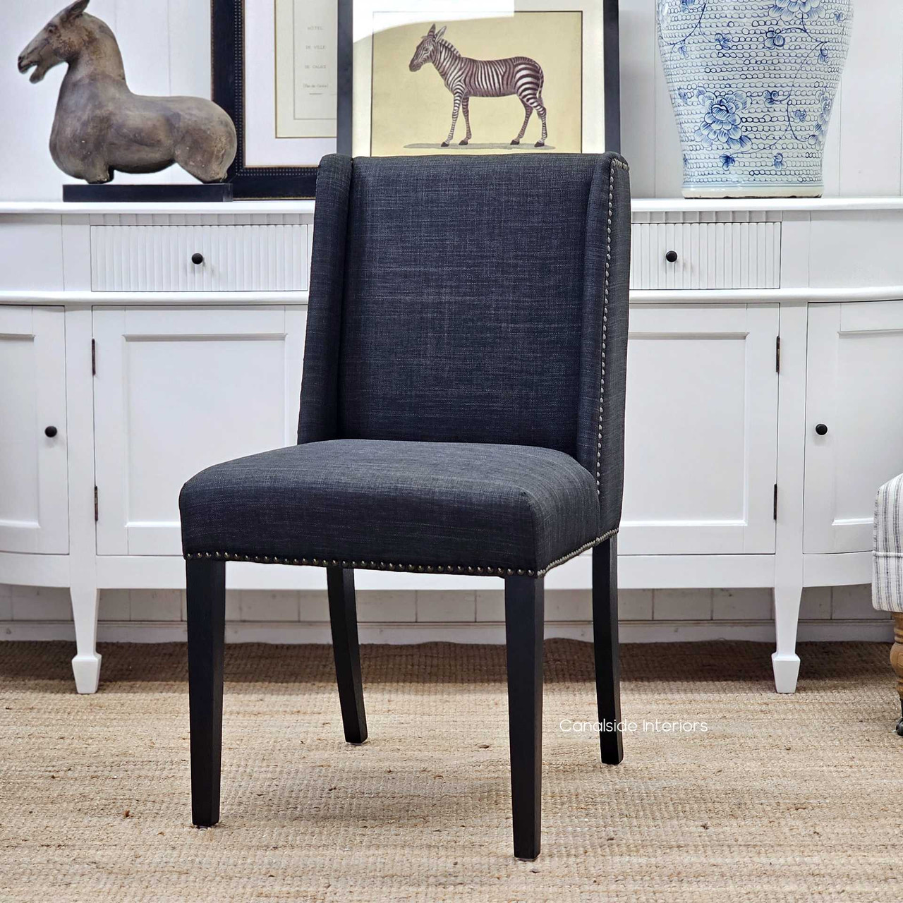Leclerc Black Linen Chair with Brass Stud Detail, Timeless Appeal for Contemporary Interiors, Front Angled Perspective
