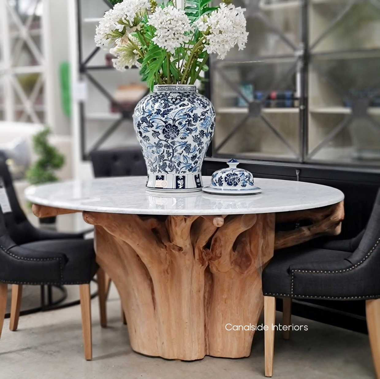 Root Trunk Table with Carrara Marble Top, Tree trunk, dining table, halltable, dining room, natural