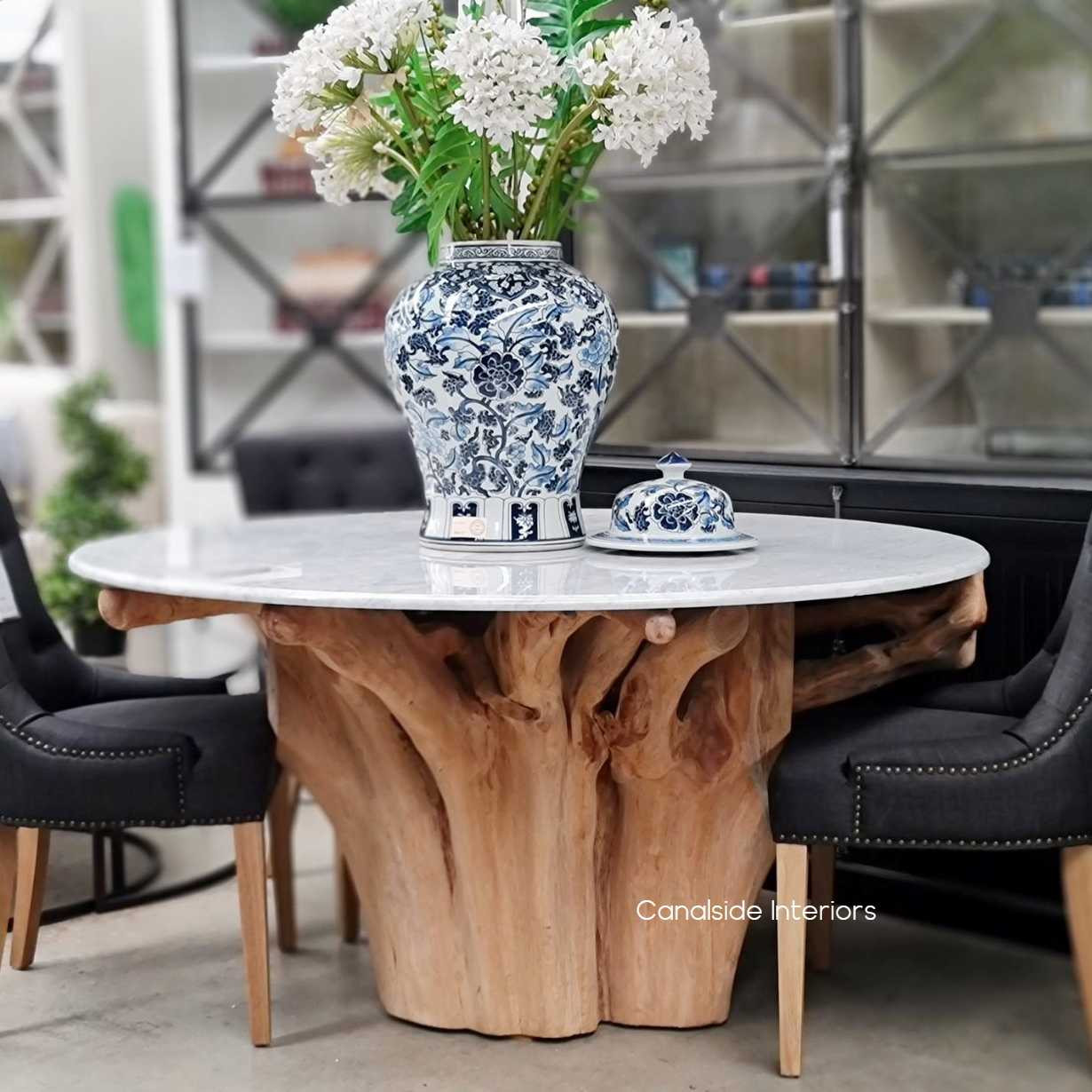 Root Trunk Table with Carrara Marble Top, Tree trunk, dining table, halltable, dining room, natural