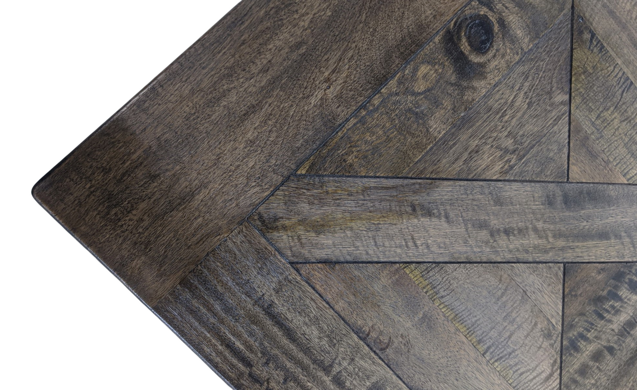 Close-up on the table's hand-crafted parquetry detailing, showcasing the exceptional craftsmanship and elegant design.