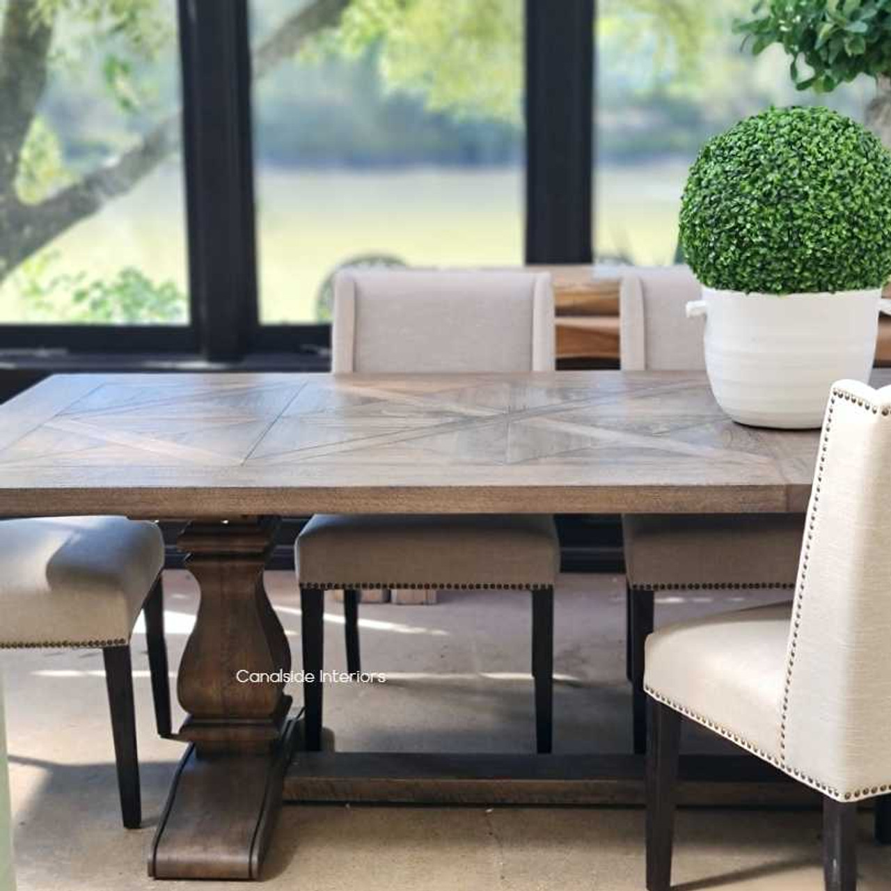 Perspective of the Bridgehampton Banquet table, highlighting its sturdy construction and beautiful design from all angles.