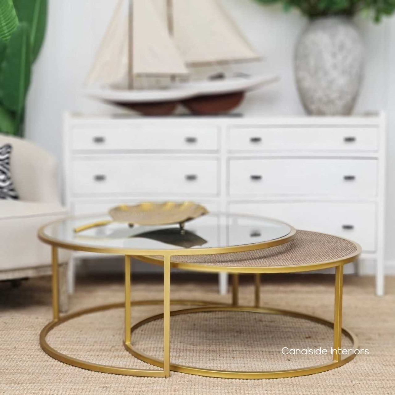 Adaptable and stylish, the Knox Plantation Coffee Tables offer a dual-level design with a gold gilded frame for a modern touch in any classical setting – Canalside Interiors.