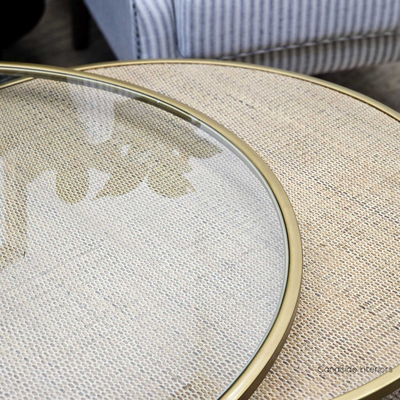 Canalside Interiors' Knox Tables offer contemporary versatility with a luxurious gold gilded frame, suitable for a Hamptons-styled bedroom or living space