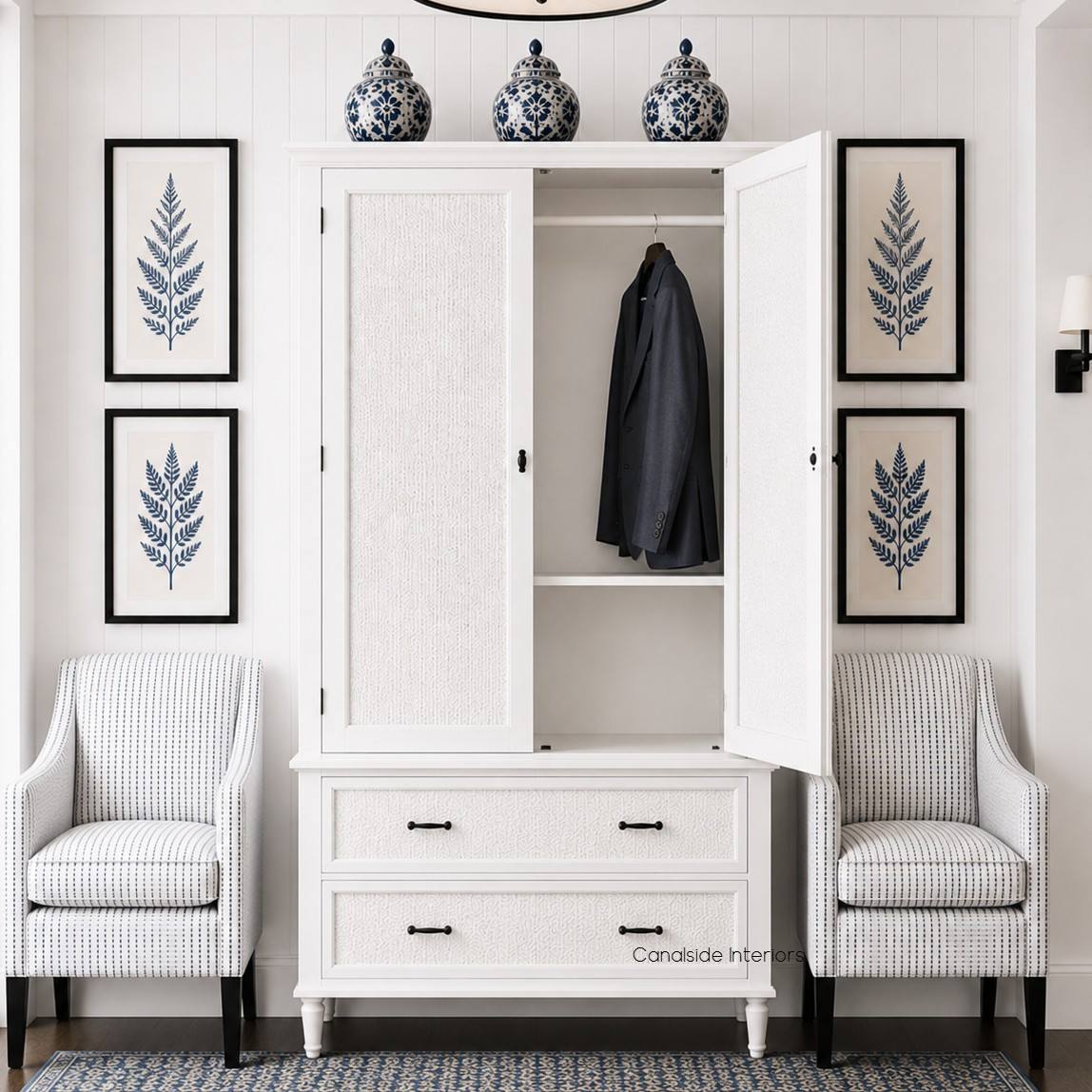 Frontal view of the Brielle Rattan Wardrobe Cupboard in situ in white with door open, showcasing elegant white rattan detailing, storage and sleek design.