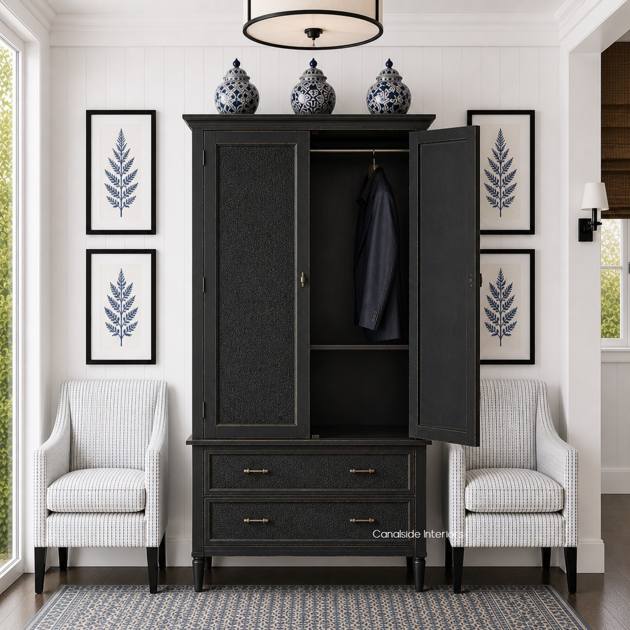 Front perspective of the Brielle Rattan Wardrobe Cupboard in black in situ with door open in a classic hamptons home