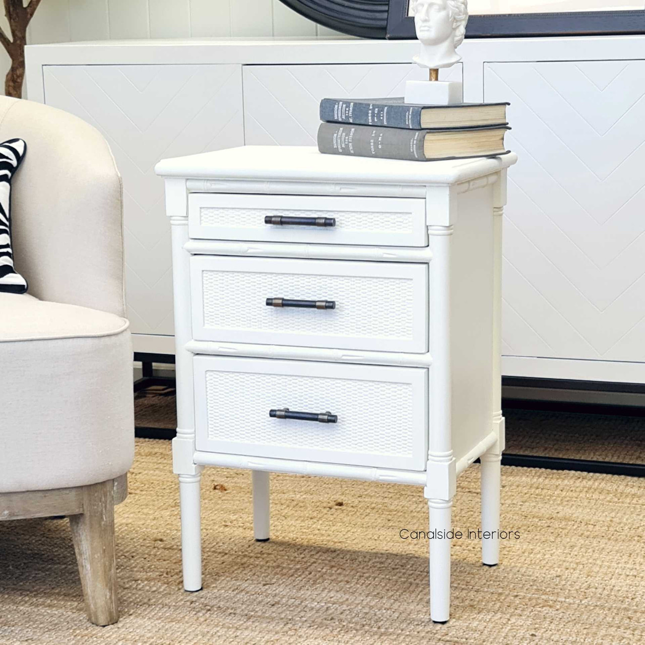 Modern Meets Classic. Brielle Bedside (White) blends Hamptons style with storage & brass accents. Shop at Canalside