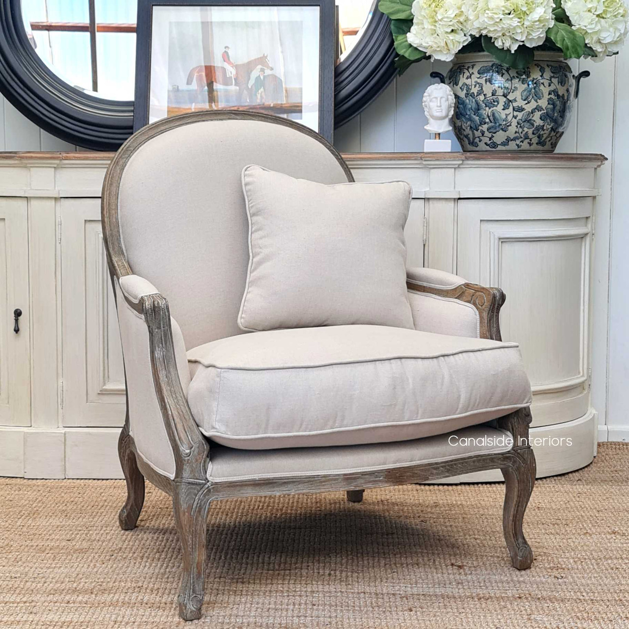 Side view of the armchair, illustrating the perfect balance between opulent French heritage and pared-back countryside style, enhancing any dining room or home office.