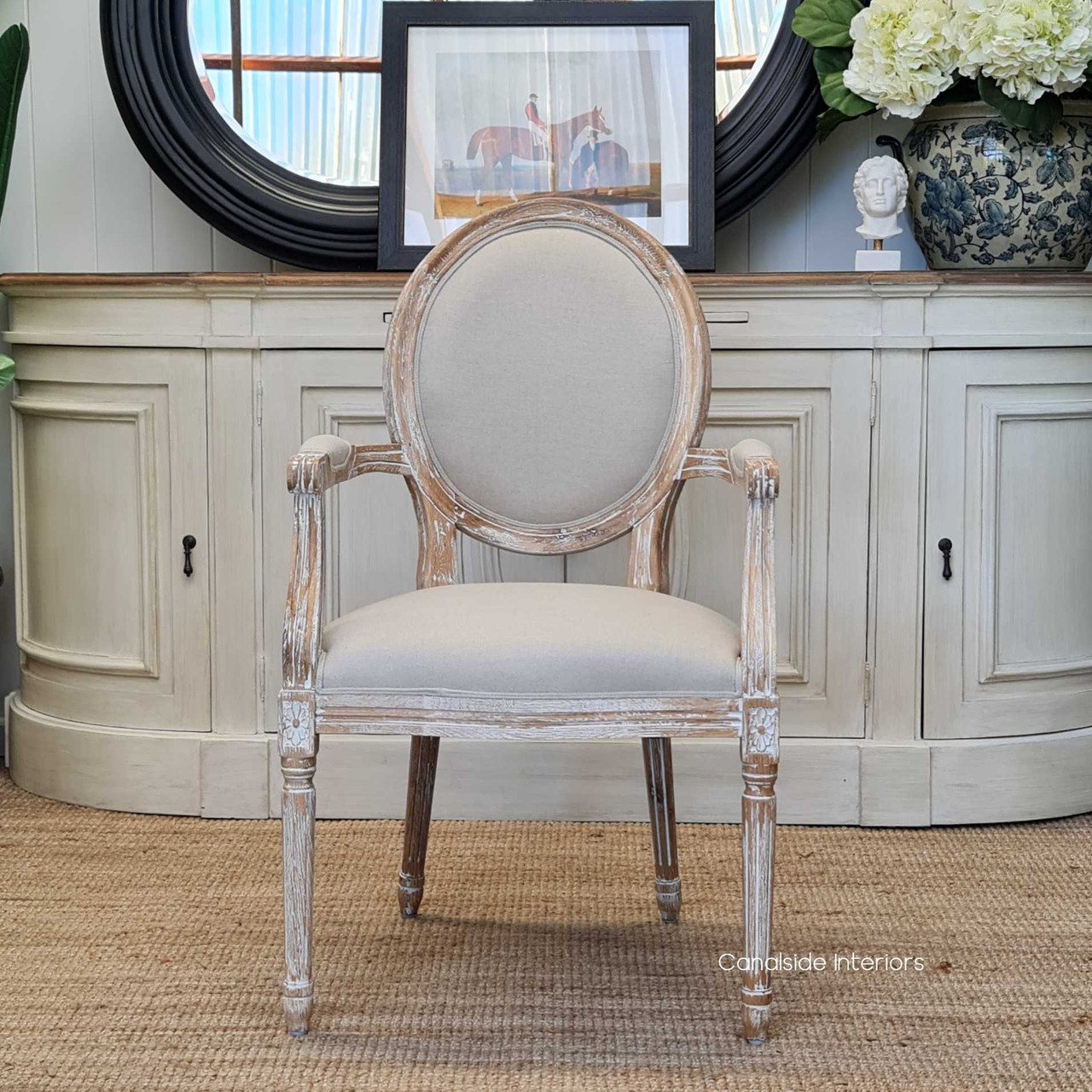 Sansa Carver Chair with arms Distressed Limewash Oak with cream linen upholstery  FRENCH  FURNITURE, CHAIRS, HAMPTONS Style, PLANTATION Style, CHAIRS Dining, dining room, kitchen, kitchen chairs, balloon back, louis