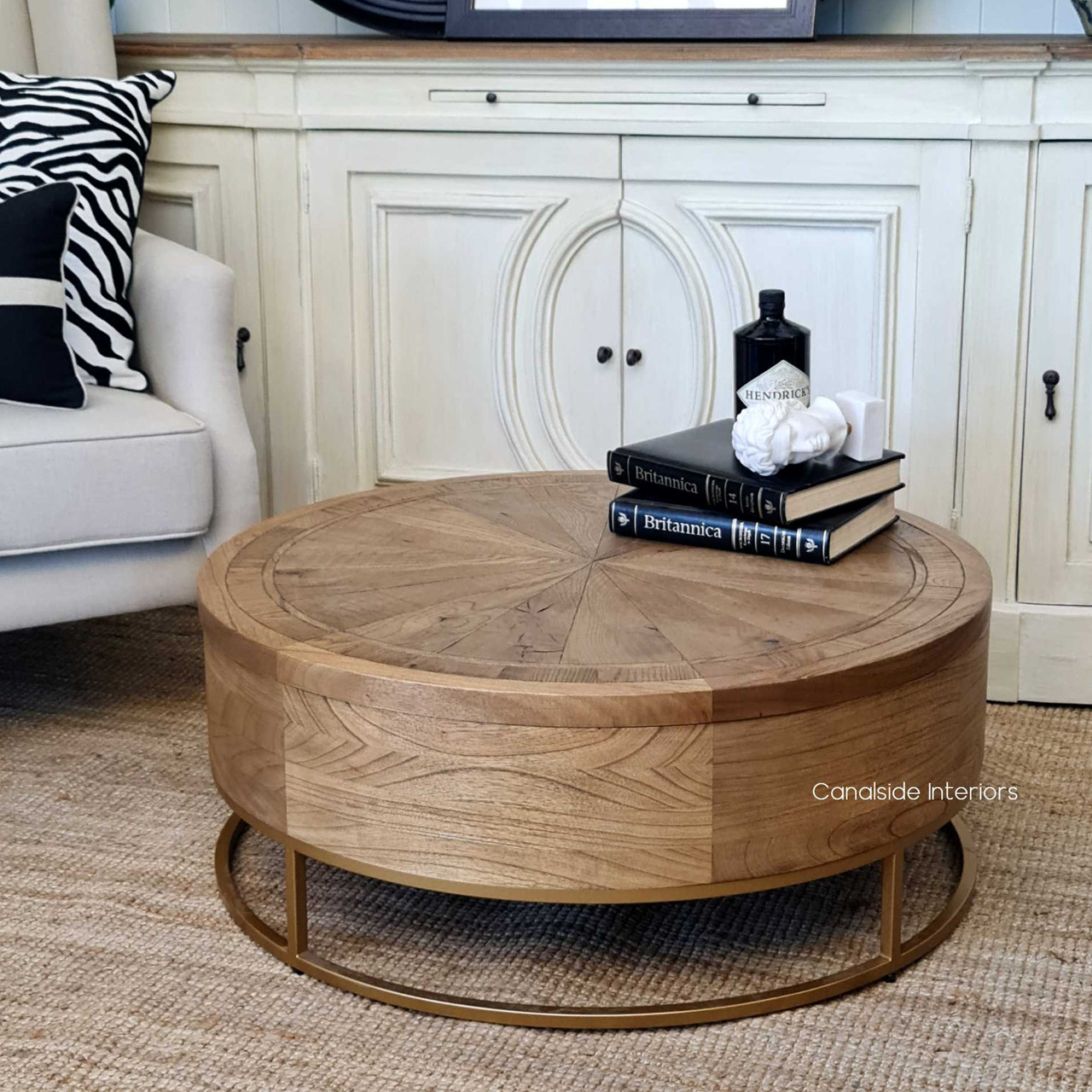 Top-down view of the Danbury Oak Table, emphasizing the parquetry and storage feature | Functional Art