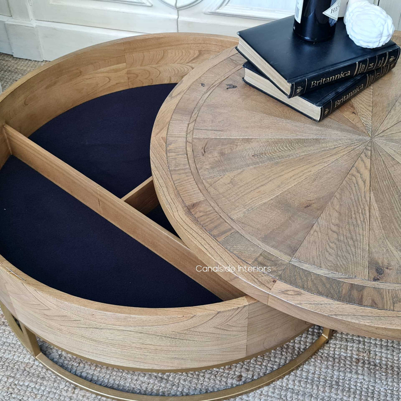 Top view of Danbury Oak Parquetry Coffee Table, showcasing the intricate wood pattern and storage | Canalside Interiors.