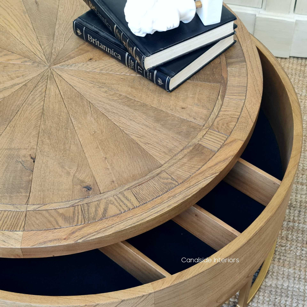 Top view of Danbury Oak Parquetry Coffee Table, showcasing the intricate wood pattern and storage | Canalside Interiors