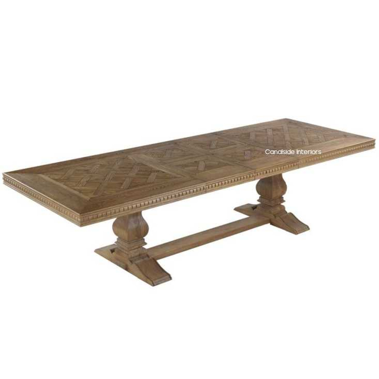 Perspective of the extendable dining table, highlighting its sturdy construction and beautiful design from all angles.