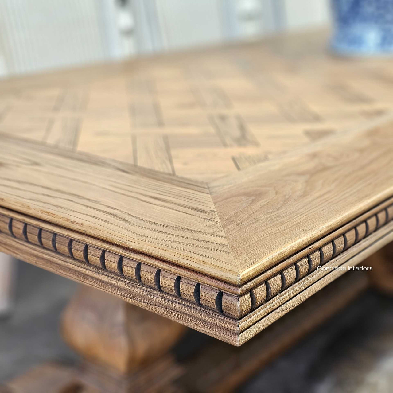 Close-up on the table's intricate border inlays, highlighting the unmatched craftsmanship and attention to detail.