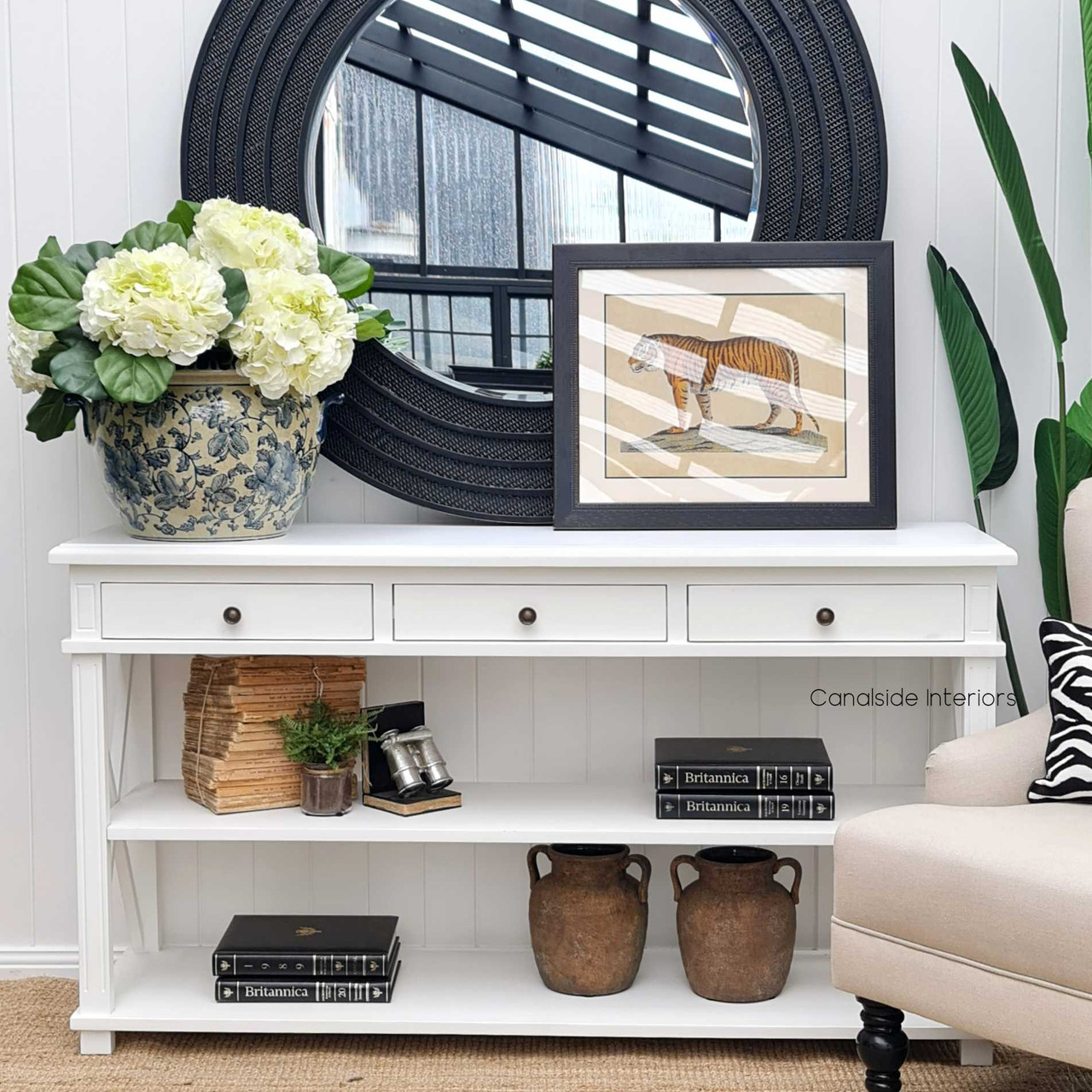 A timeless piece for entryways, this console table from Canalside Interiors brings the coastal sophistication of the Hamptons into your home