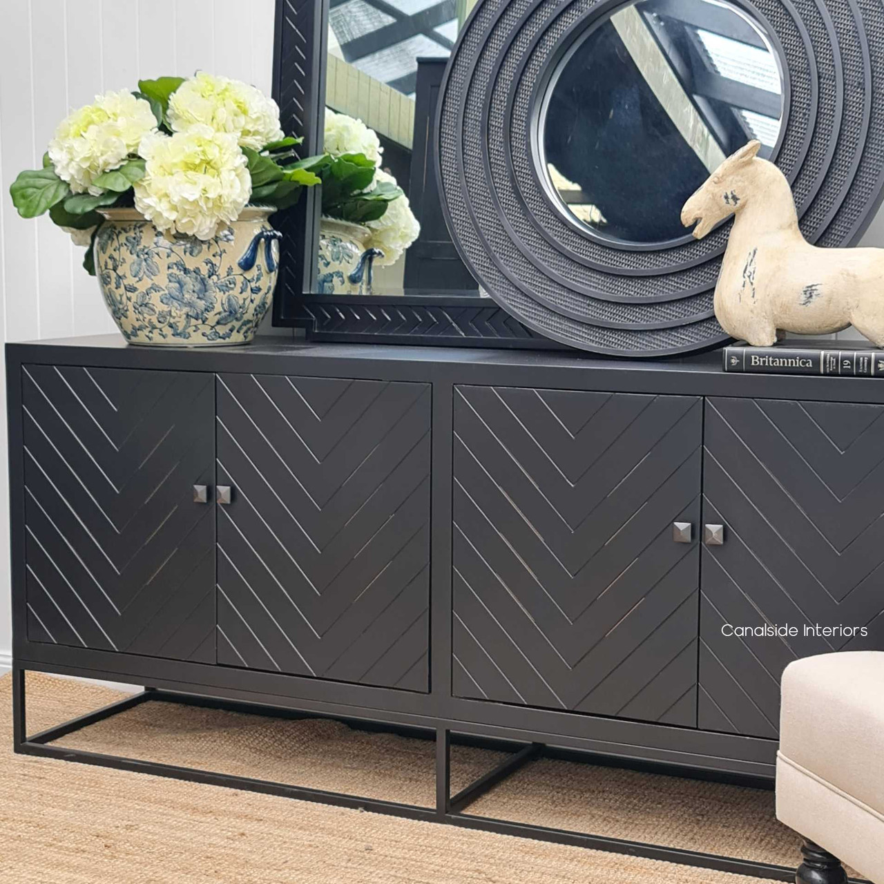 Discover the practical beauty of the St Lucia Herringbone Sideboard, bringing a touch of sophistication to your Canalside Interiors dining room