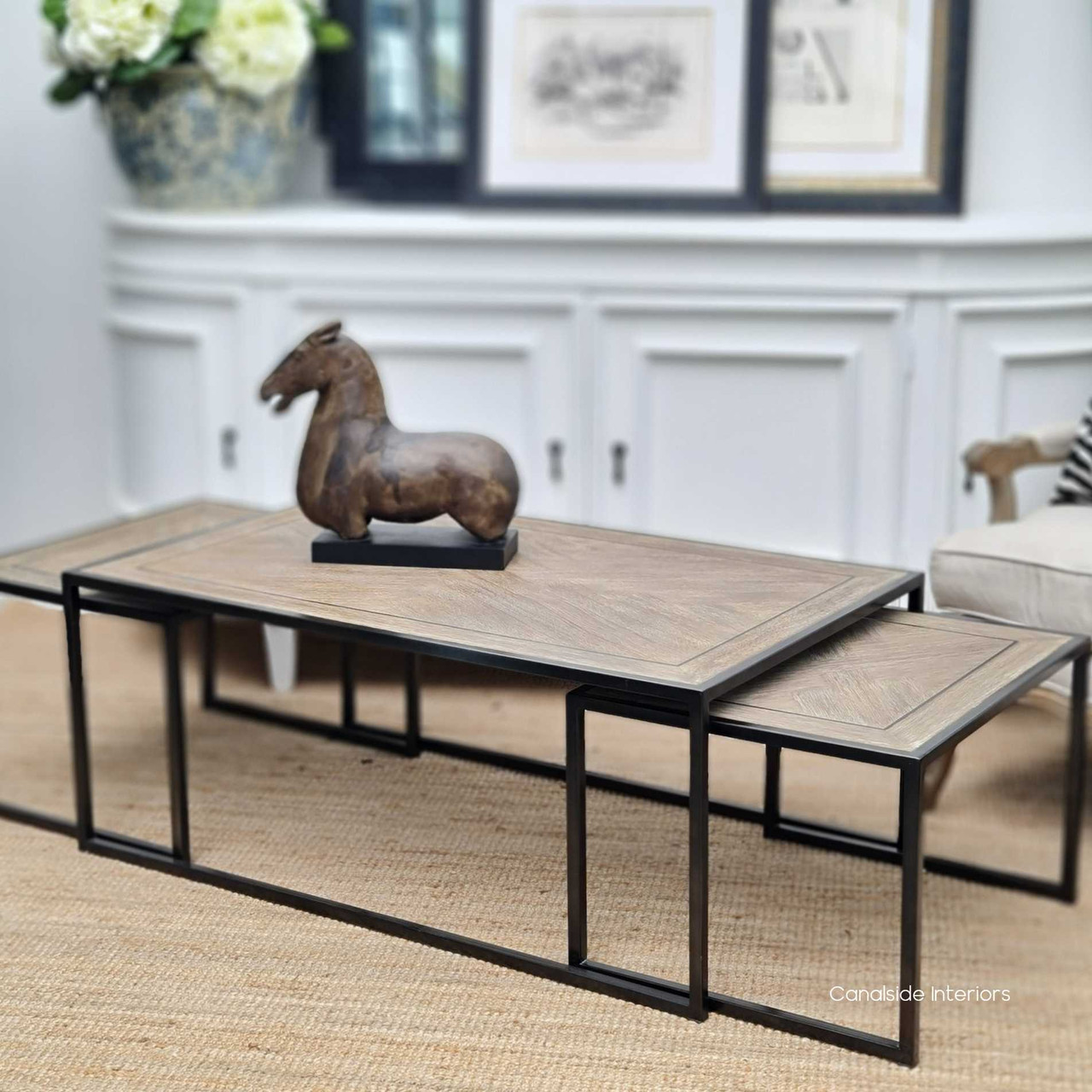 Detail of the distressed finish on the oak top, capturing the texture and depth that adds character to any lounge room.