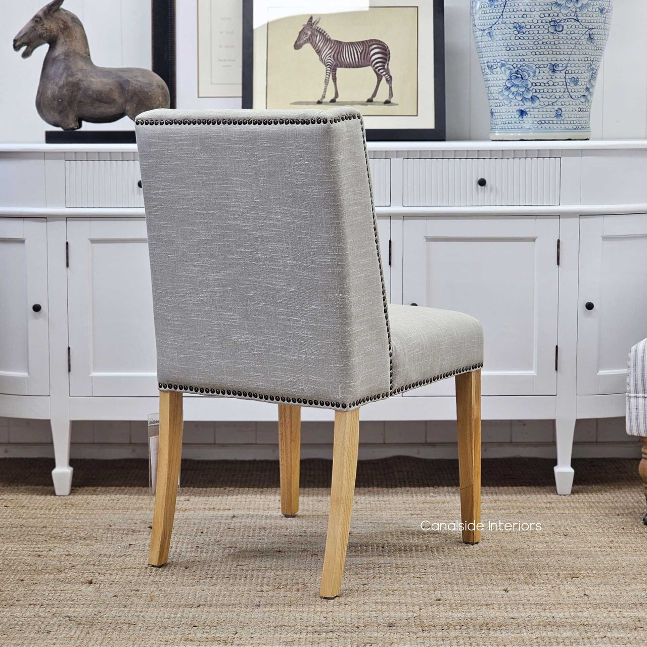 Leclerc Cream Dining Chair, Comfortable Seating with Elegant Brass Studs, Backward Angled View