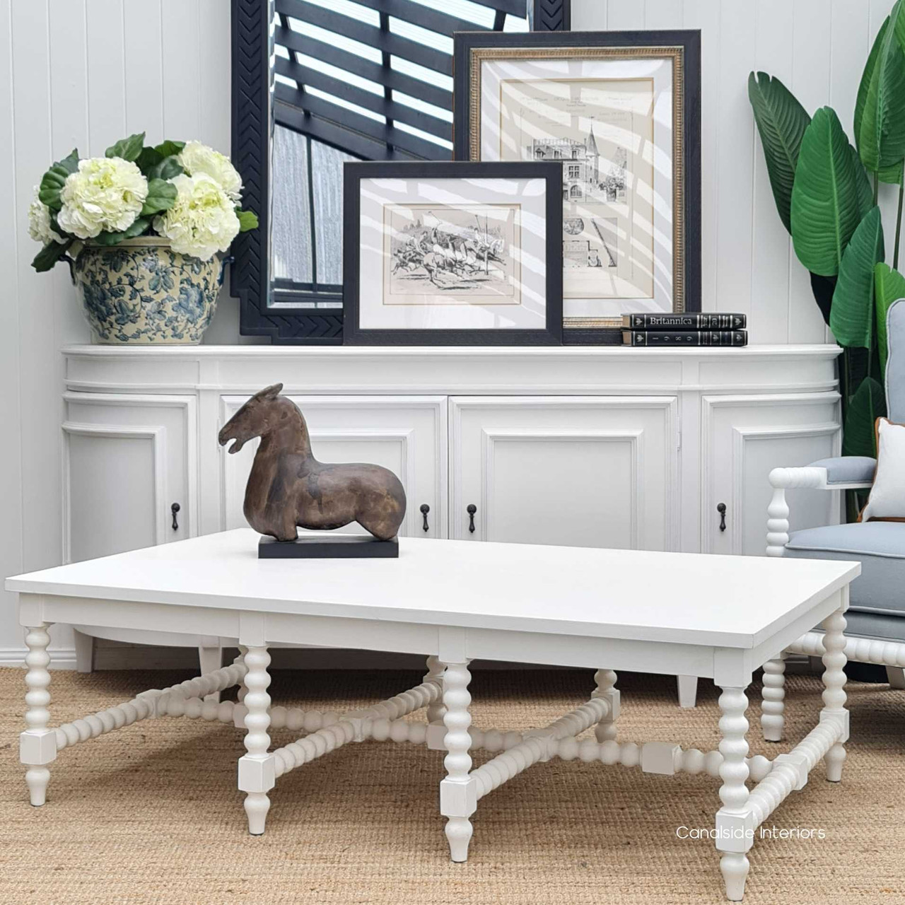 The Bobbin coffee table set within a coastal-inspired living space, illustrating its seamless fit and contribution to the room's Hamptons elegance.