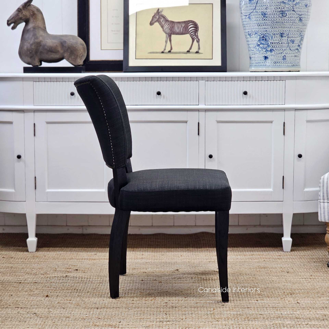 Mimi Black Oak Leg Chair, Handcrafted Excellence in Black Linen Blend Upholstery, Side Profile