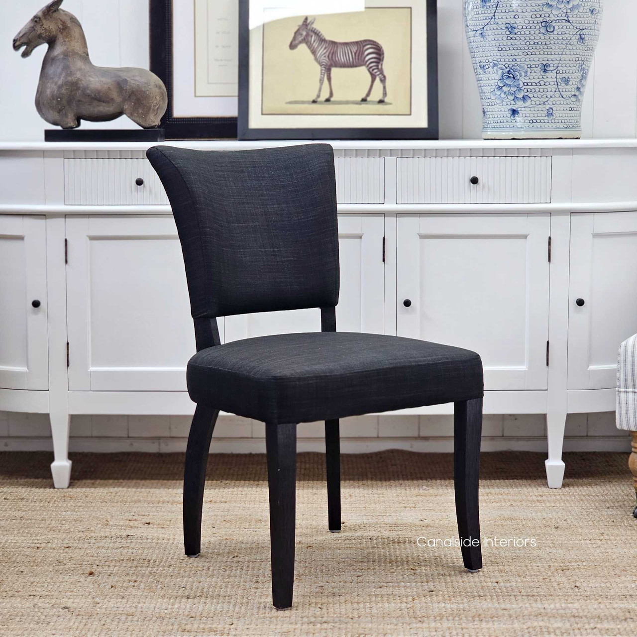 Mimi Black Linen Chair with Brass Studs, Refined Aesthetic for Formal Dining, Angled View