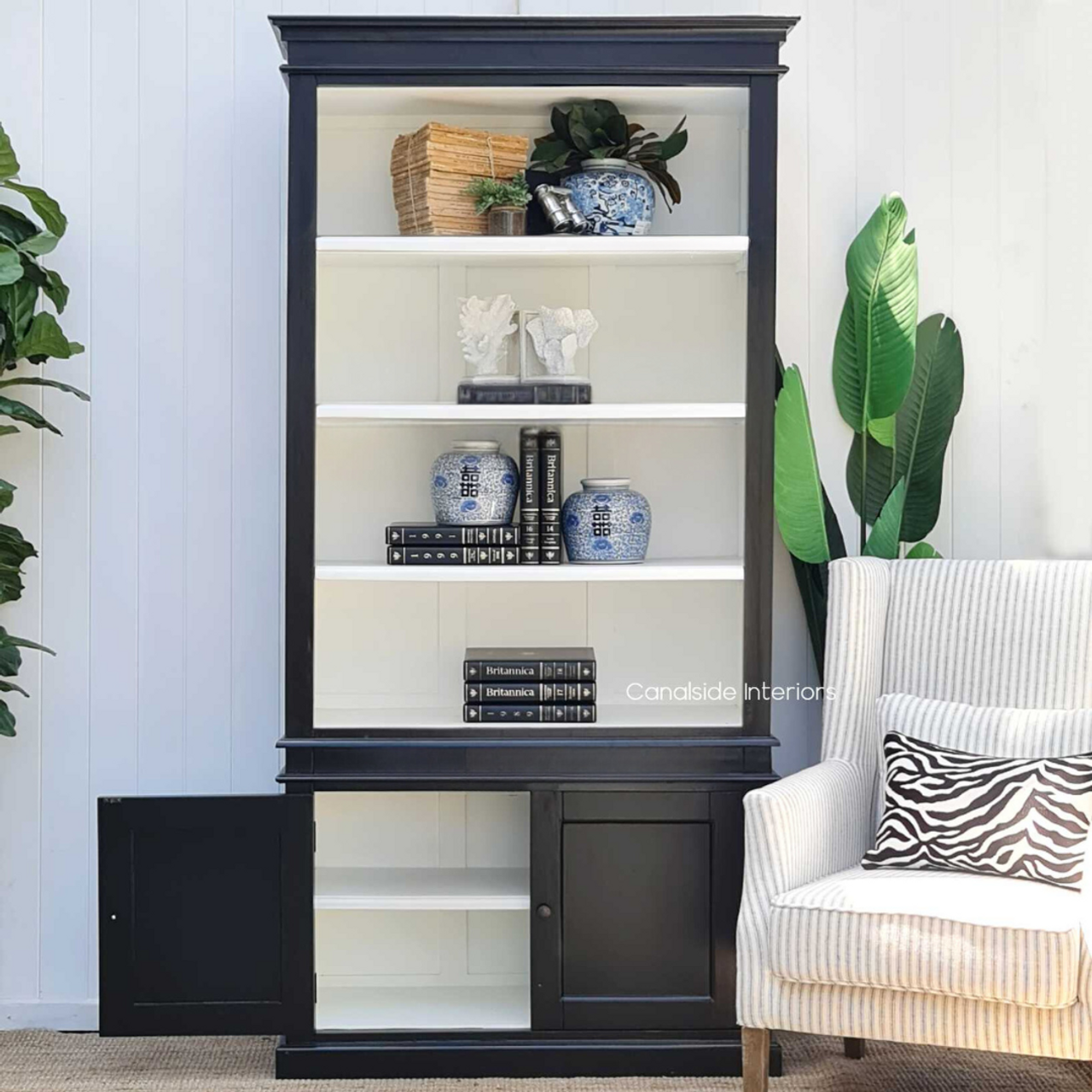 Ensemble of the Grange Bookshelf with chic accessories, portraying its versatility in various interior styles from Hamptons to Coastal.