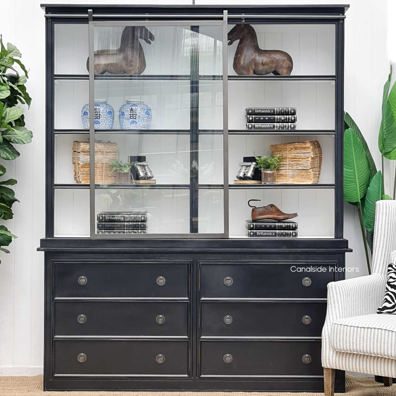 The open shelving of the Pemberley Unit captured from the front, perfect for showcasing treasured possessions in a dining room