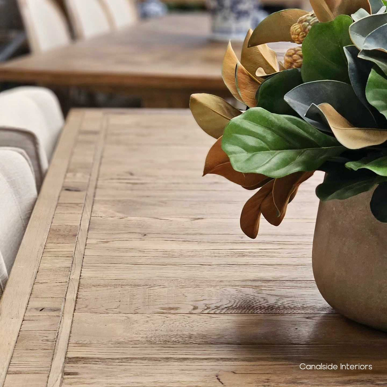 Close up Detail of the hand-crafted finish on the Hayworth Dining Table, showcasing the beauty of weathered reclaimed oak.