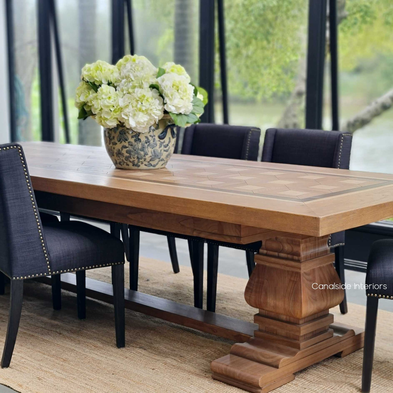 full view of the intricate parquetry top of the Chambers Dining Table, a testament to the opulence and detailed artistry