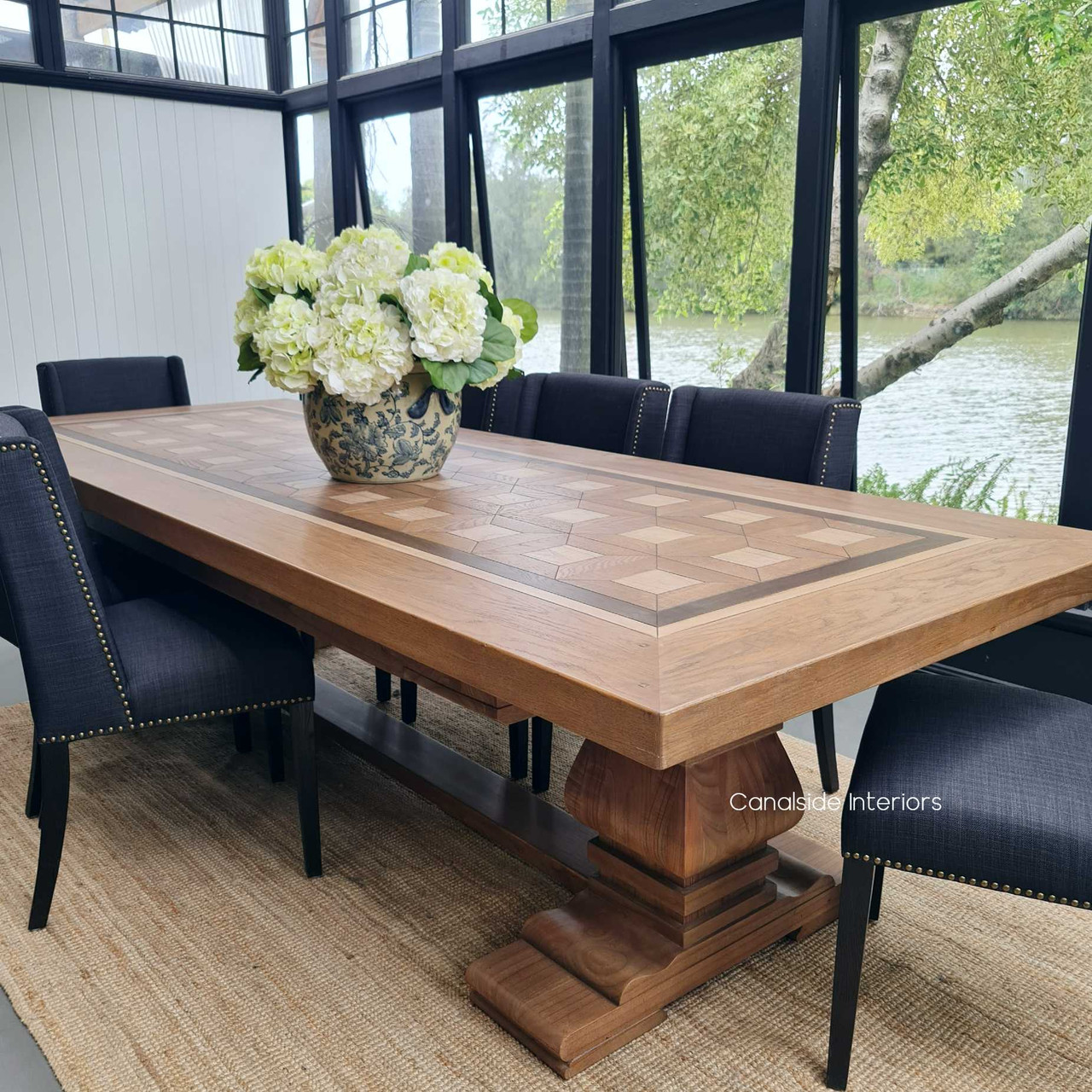 Top-down view of the Chambers Dining Table's parquetry work, offering an impressive visual appeal for any lounge room or dining space.