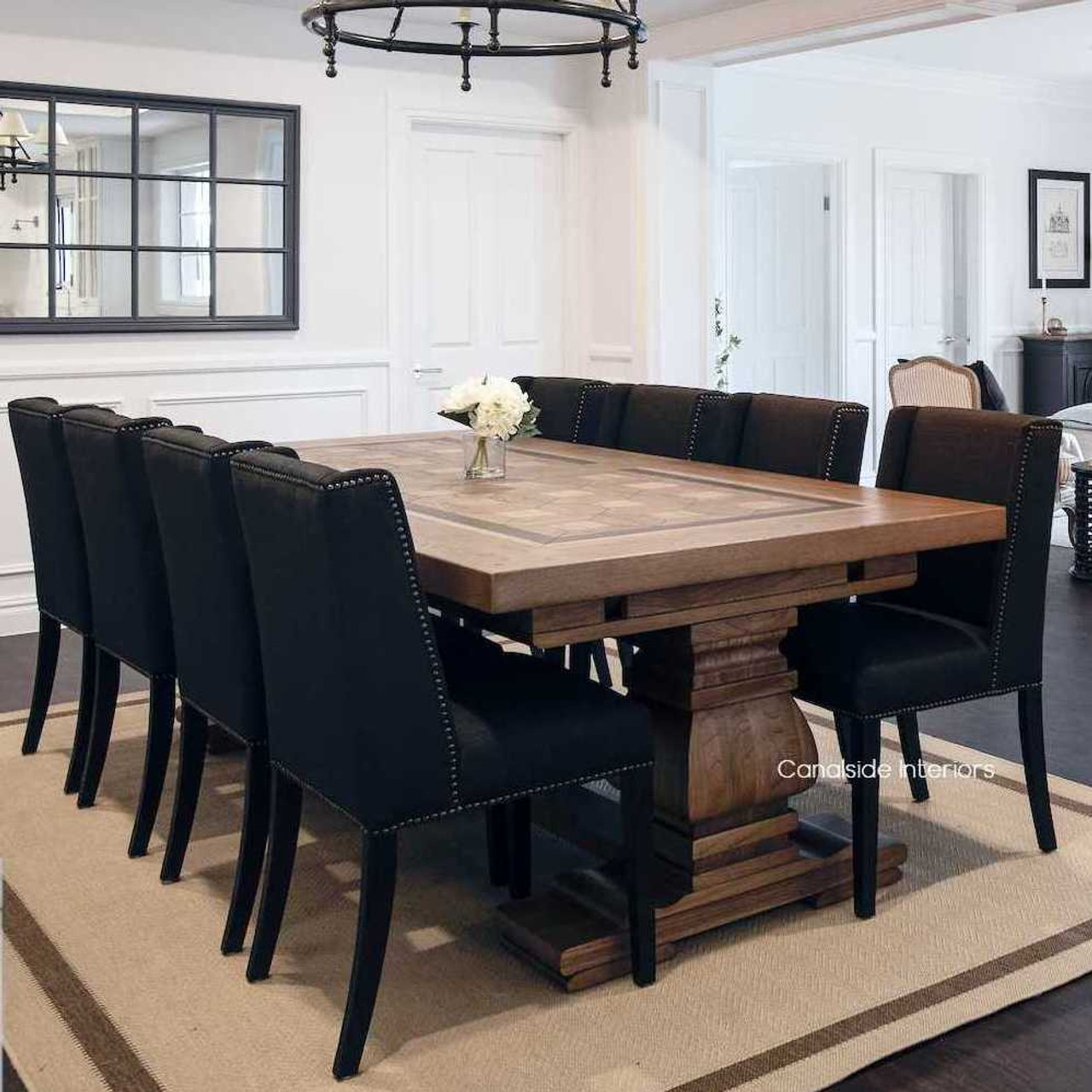 Full room view featuring the Chambers Oak Dining Table as a centerpiece in a luxurious lounge room, exemplifying coastal elegance.