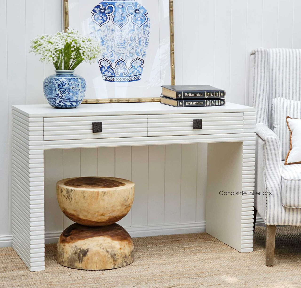 Create a serene work haven with the Groove Desk/Console, reflecting coastal luxury and classical design in your home offic