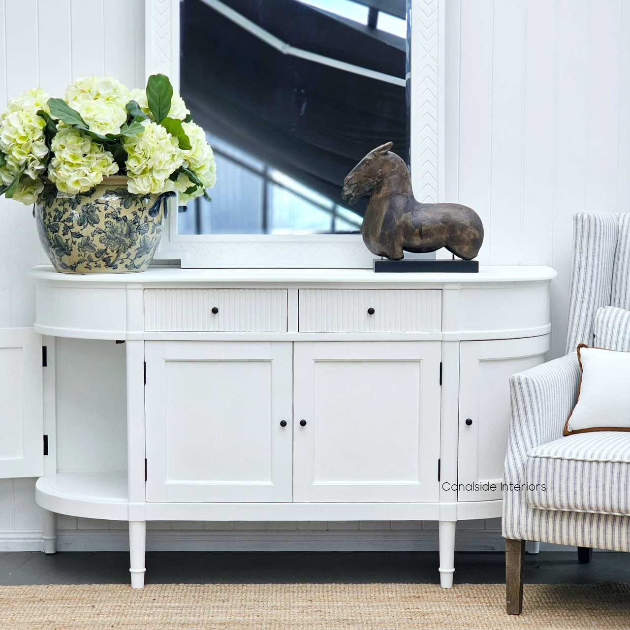 An angle view of the French Louis Buffet Petite, showcasing its compact size and ample storage solutions for modern homes."