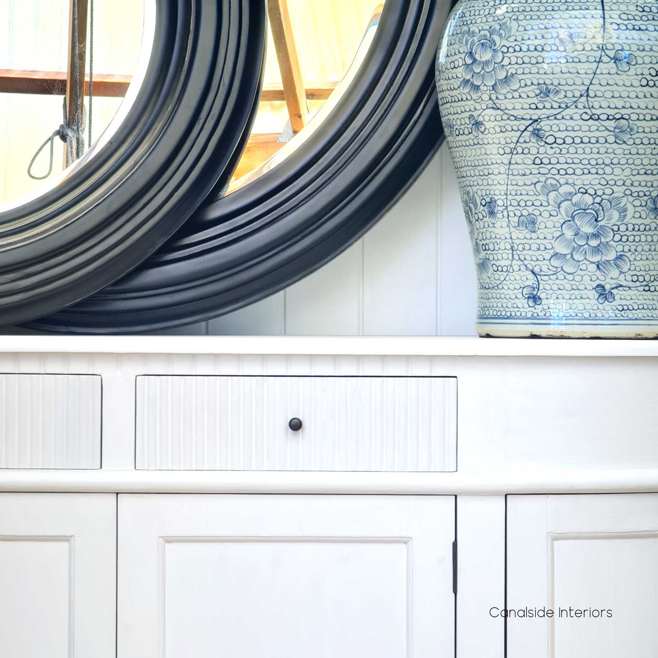 Decorative setup featuring the French Louis Buffet Petite in a Hamptons-inspired dining room, blending seamlessly with coastal accents.