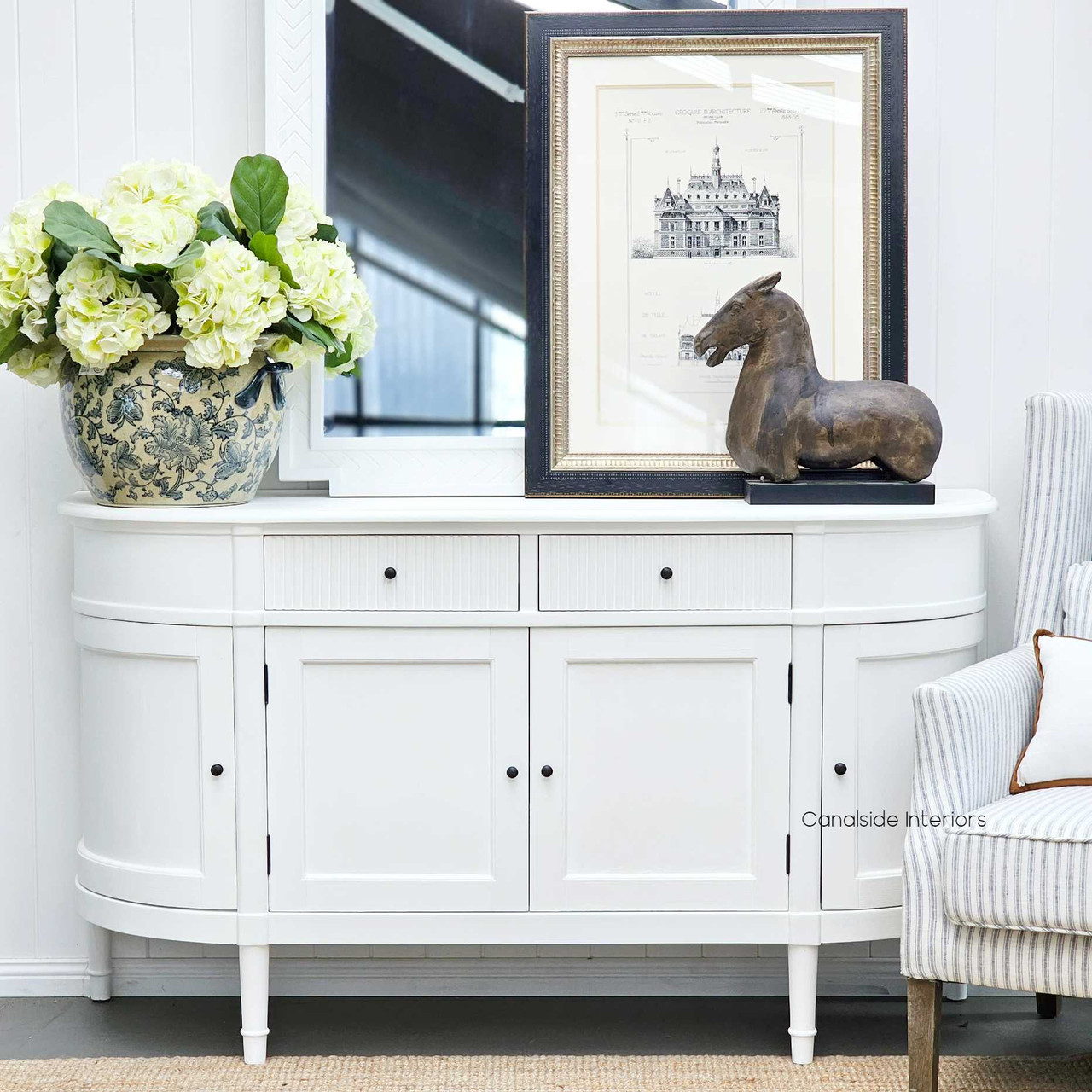 Front view of the French Louis Buffet Petite in distressed white, showcasing its timeless design and modern functionality.