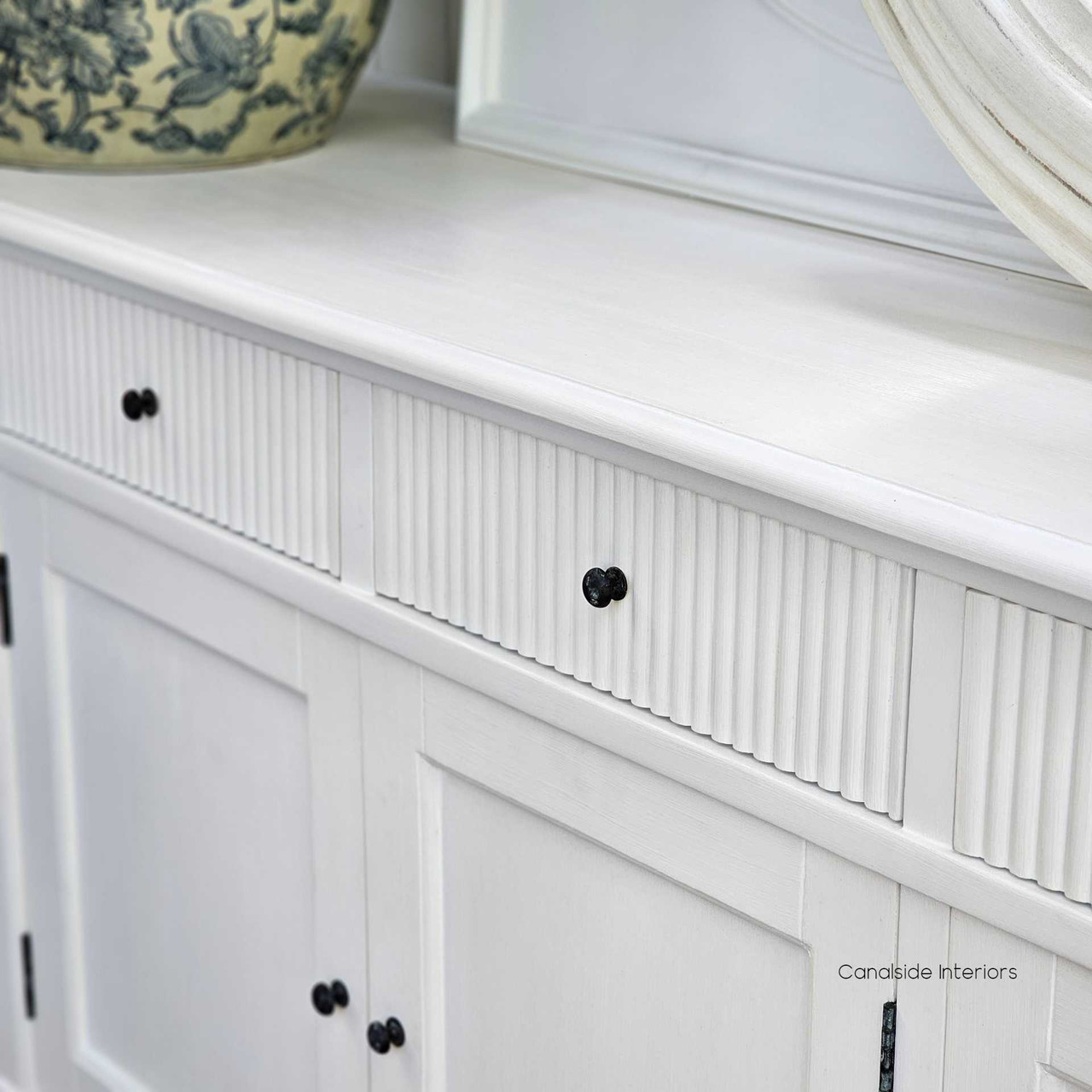 Side profile of the French Louis Buffet Grande, displaying its depth and the smooth glide of drawers on metal runners - Canalside Interiors.