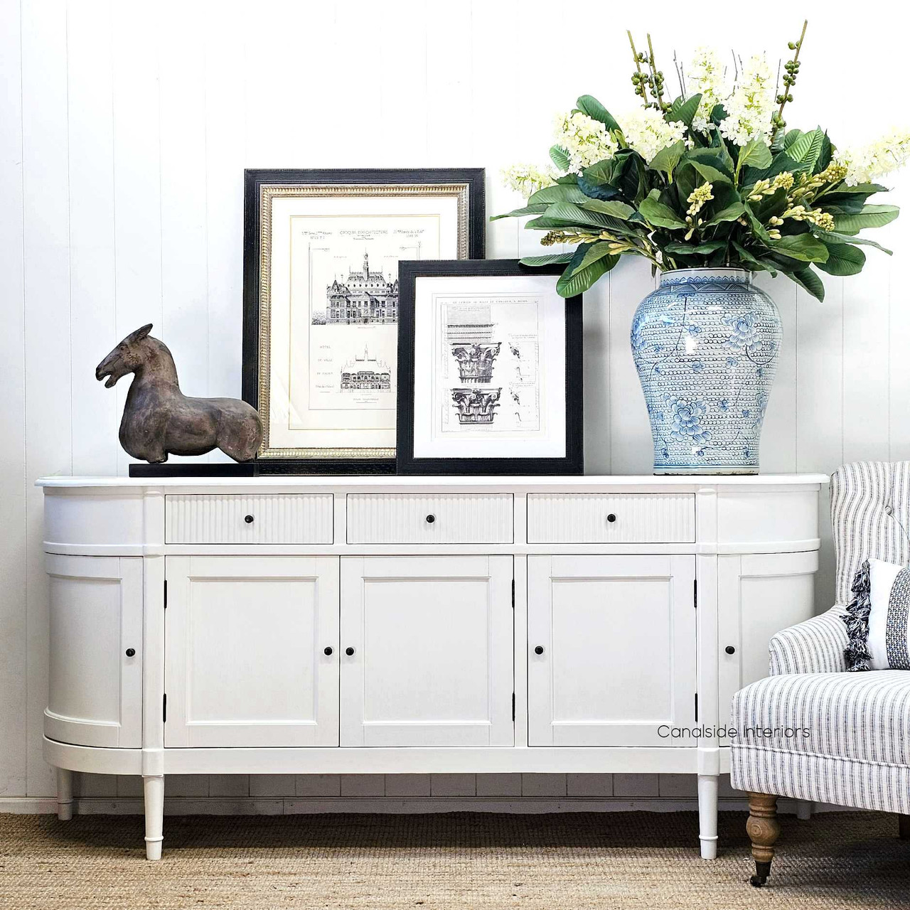 Front view of the French Louis Buffet Grande in white with minor distressing, showcasing its elegant silhouette and timeless design - Canalside Interiors.