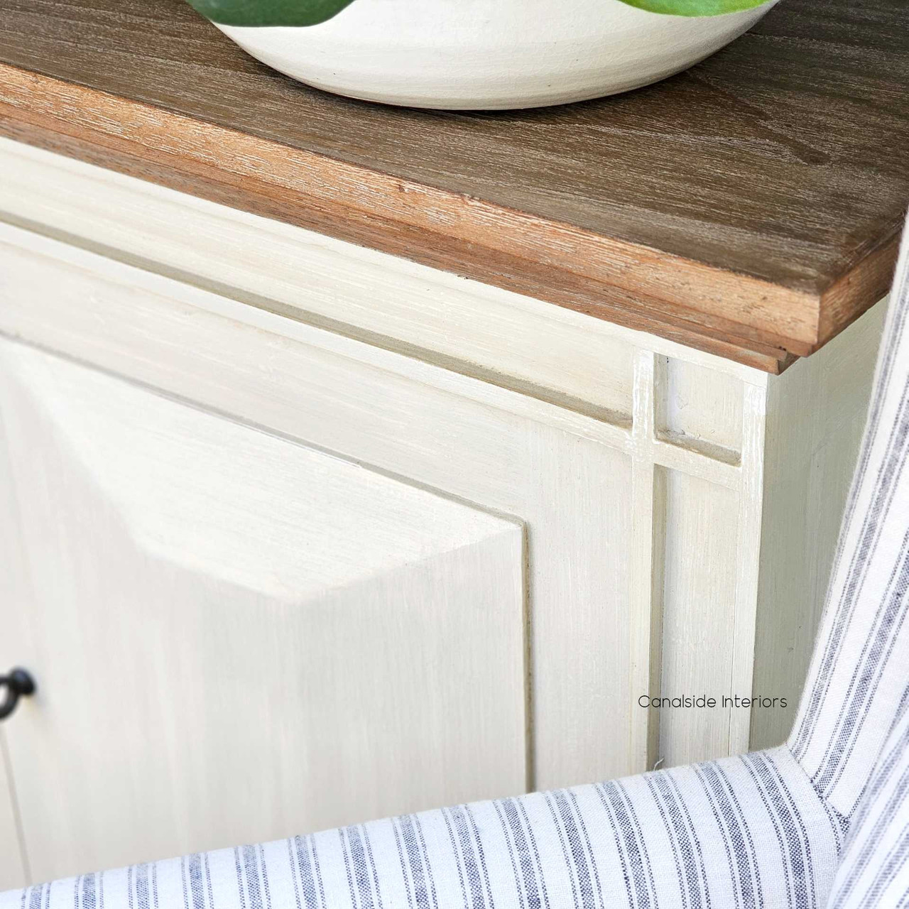 Close-up of the sideboard's intricate detailing, reflecting its Georgian antique roots updated for modern interiors.