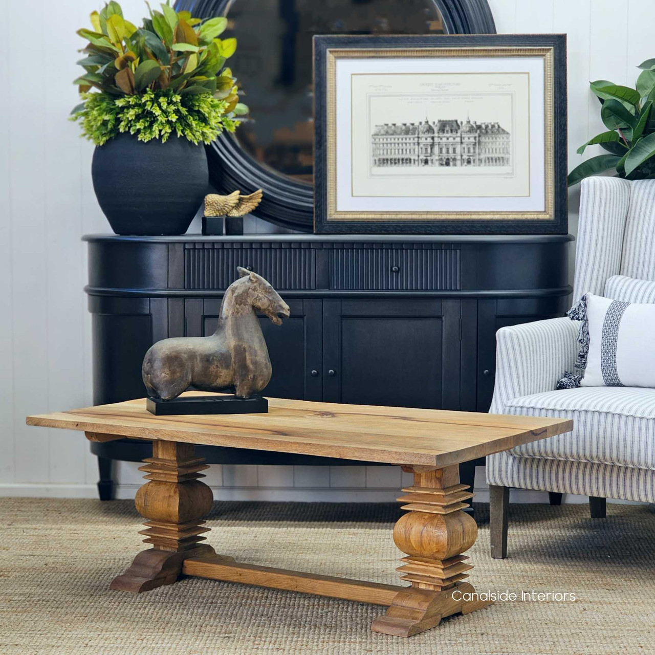 Angled perspective of the coffee table, emphasizing its versatility in both rustic Hamptons and French Provincial decors.