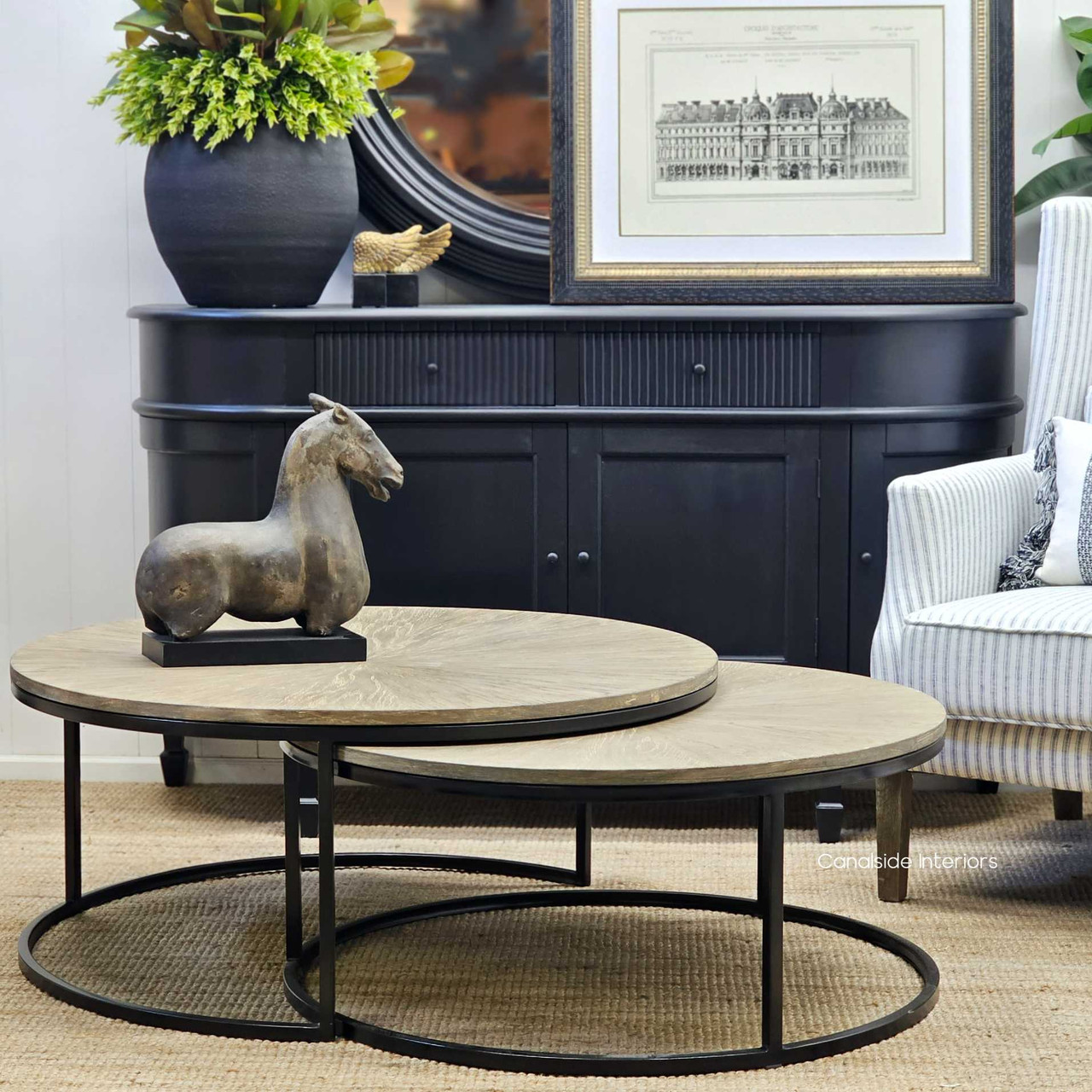 Full view of the Kinsley Coffee Tables in a living room setting, highlighting their space-efficient design and Canalside Interiors' modern craftsmanship