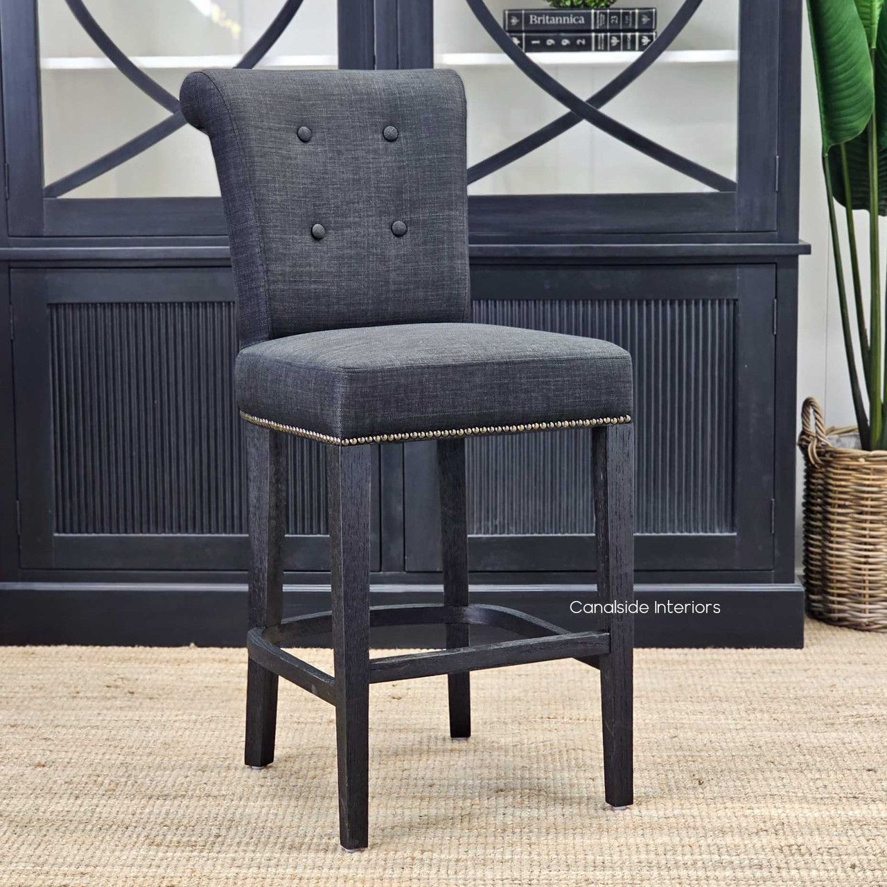 Angled front view of the Montague Bar Stool, illustrating the seamless integration of French furniture design in a contemporary dining space