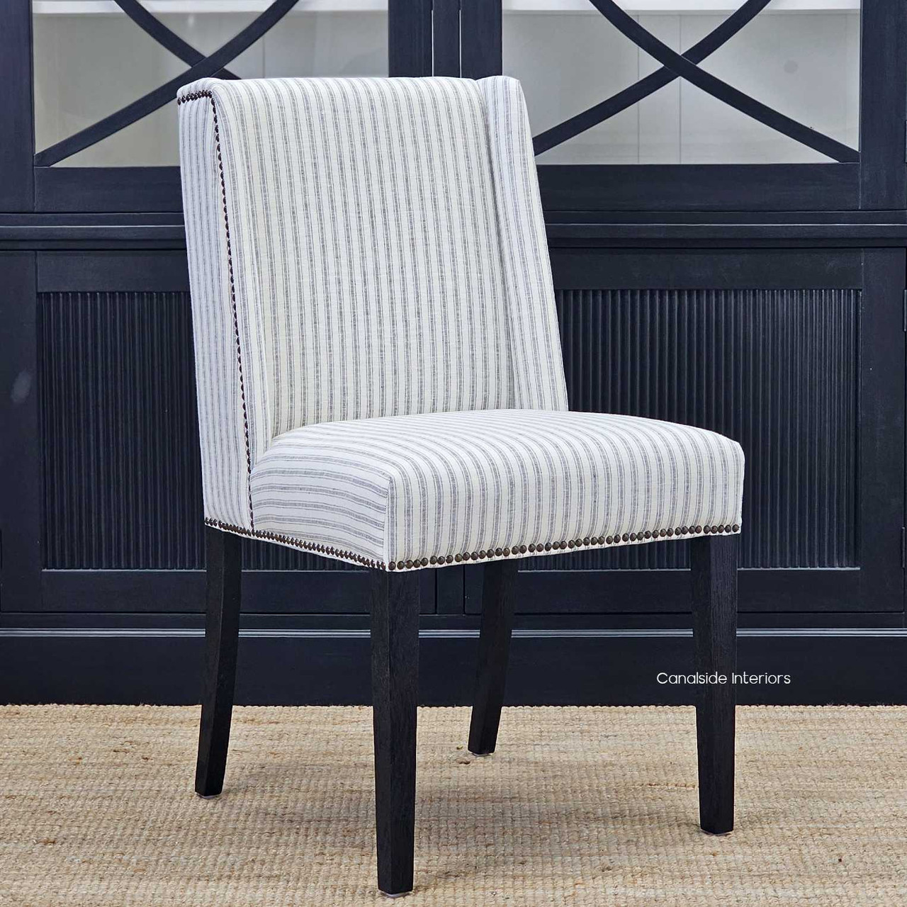 Leclerc Dining Chair showcasing blue striped upholstery and black espresso oak legs – a classic addition from Canalside Interiors