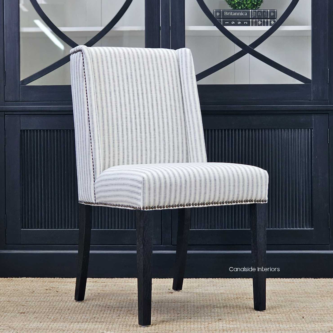 Front view of the Leclerc Dining Chair with blue striped upholstery, showcasing a contemporary Hamptons aesthetic – Canalside Interiors