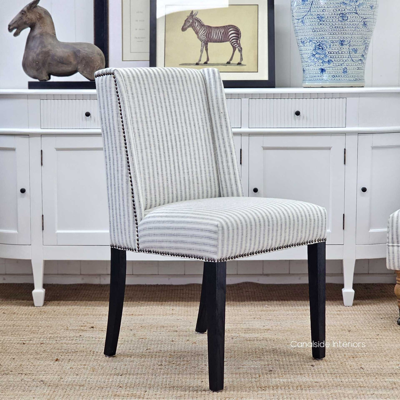 Leclerc Blue Ticking Stripe Chair with Brass Studs: Coastal Chic for Formal Dining, Angled View