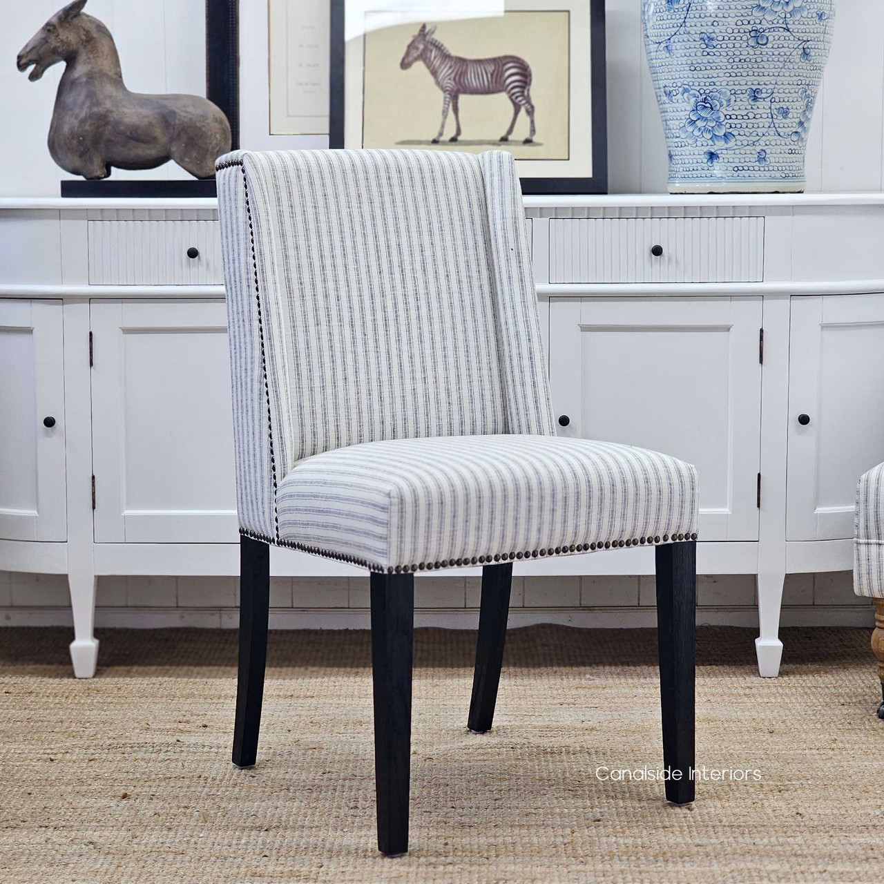 Leclerc Blue Ticking Stripe Dining Chair, Seamless Blend of Coastal Style and Timeless Elegance, Angled View
