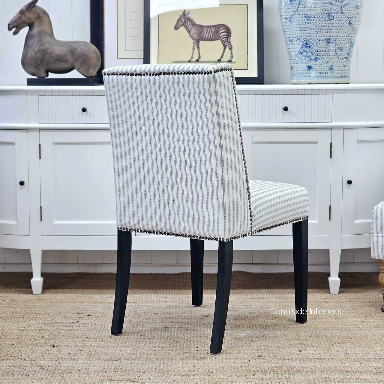 Leclerc Blue Ticking Stripe Dining Chair, Seaside Inspiration for Dining Spaces, Back Angled View