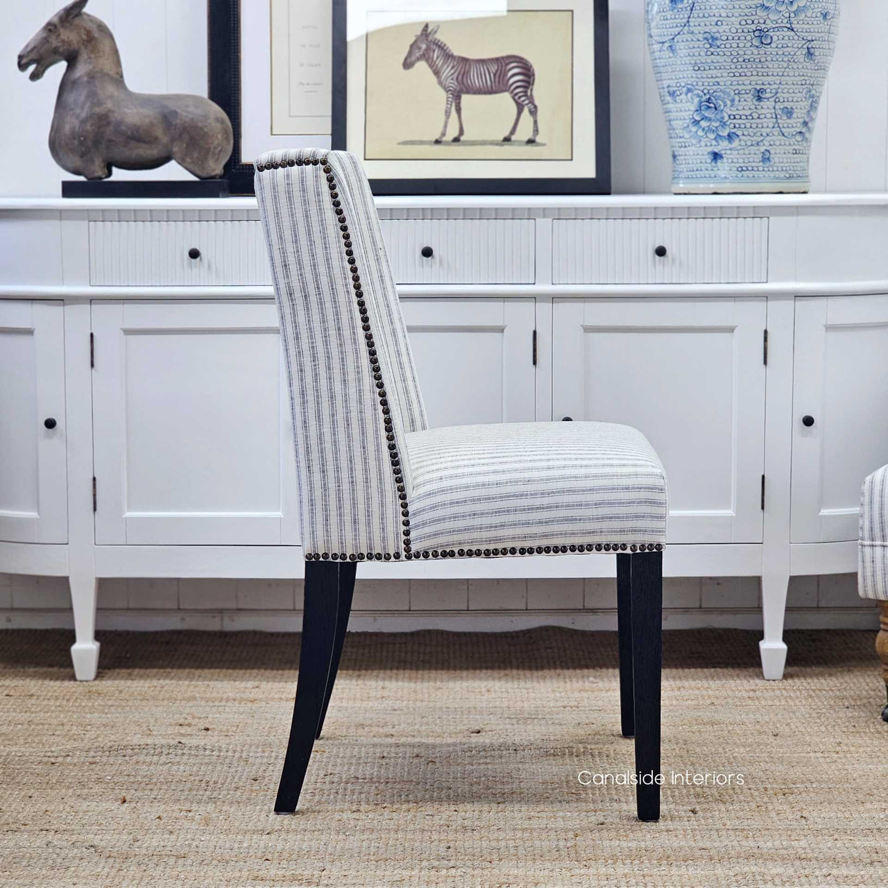 Leclerc Black Oak Leg Chair, Handcrafted Excellence in Ticking Stripe Upholstery, Side Profile