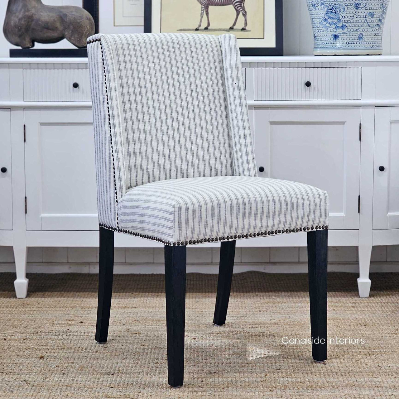 Leclerc Dining Chair, Coastal Charm in Blue and White Ticking Stripe, Black Oak Legs, Brass Stud Detail, Front Angled View
